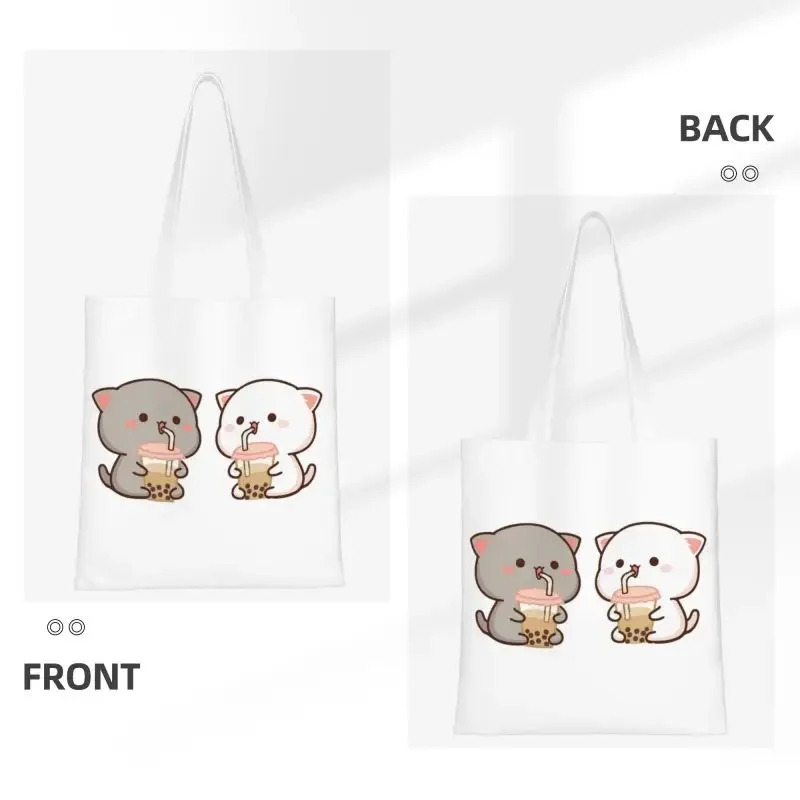 Custom Recycling Peach And Goma Mochi Shopping Bag Canvas Shoulder Tote Bag Washable Funny Couple Cat Grocery Shopper Bags