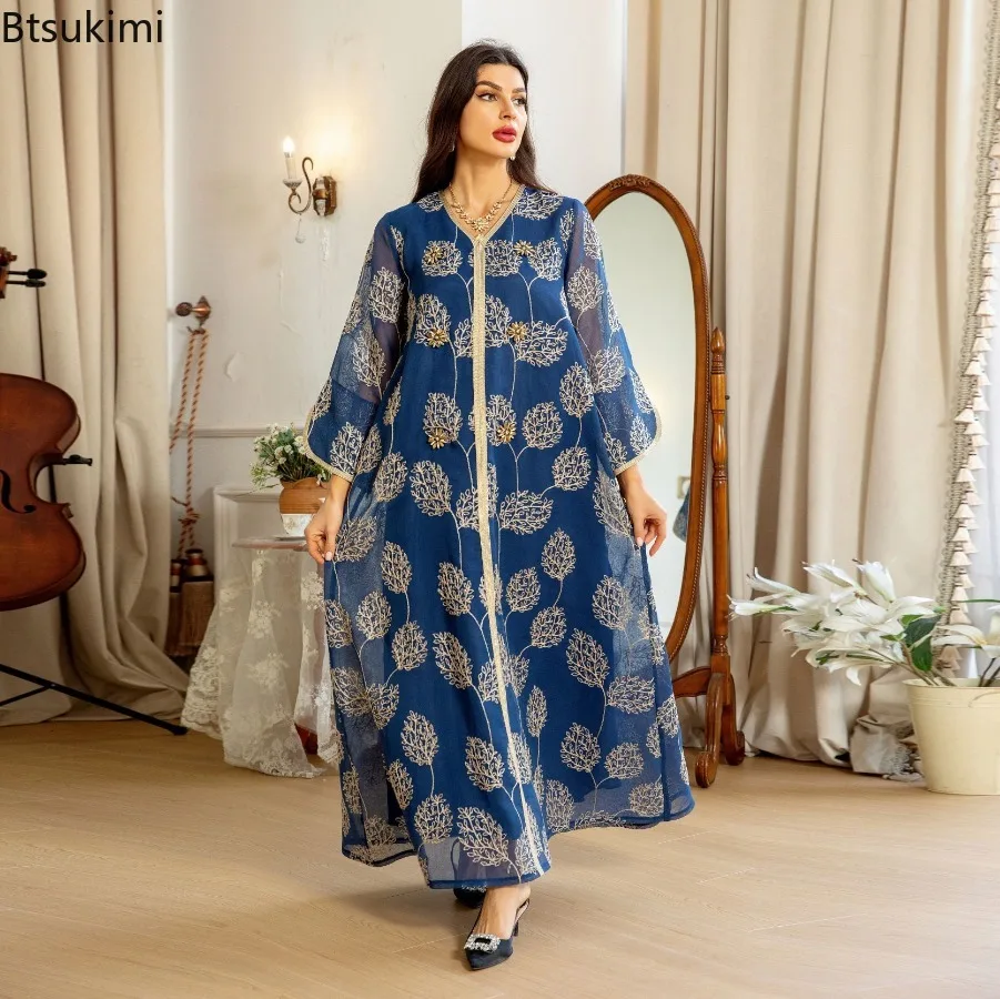 Eid Morocco Dress Women Muslim Fashion Abaya Jalabiya Mesh Embroidery Dubai Kaftan Islam Party Robe Ramadan Vestidos Spring New