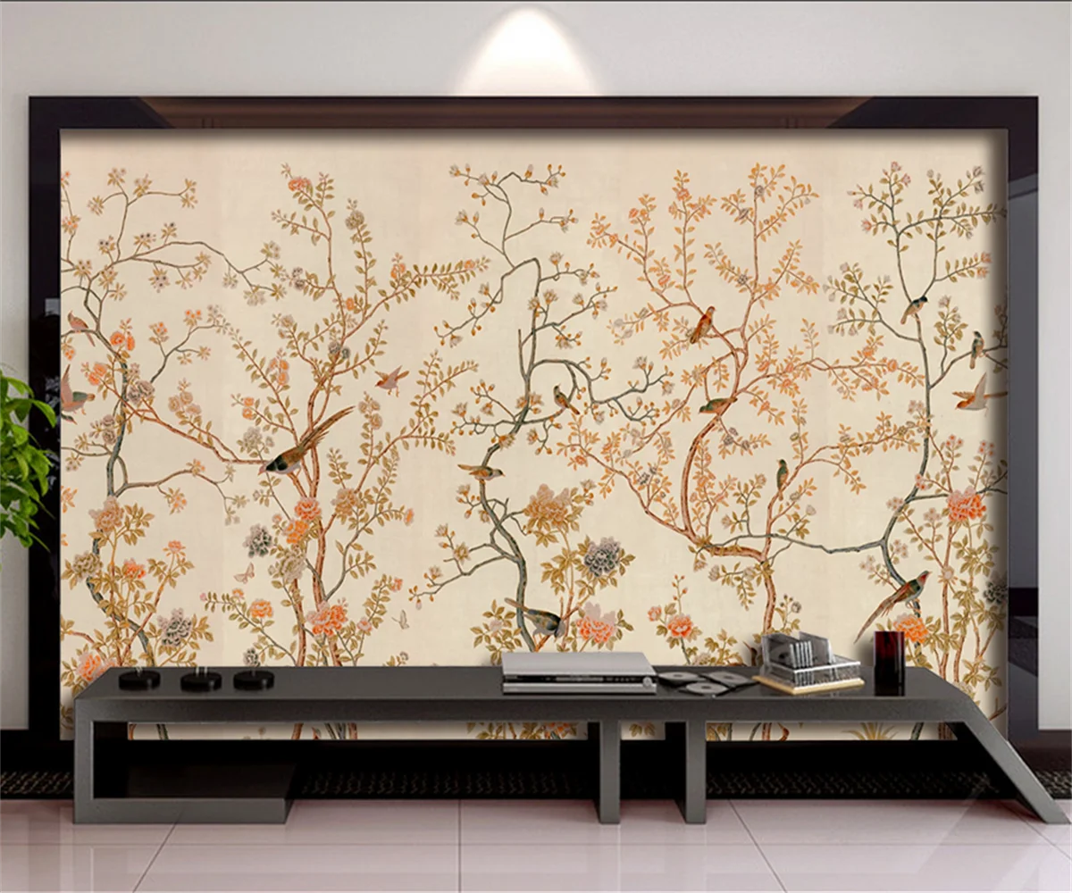 

Индивидуальные обои в китайском стиле с изображением деревьев, цветов и птиц, фоновое настенное панно, украшение для дома, обои для гостиной, papel tapiz