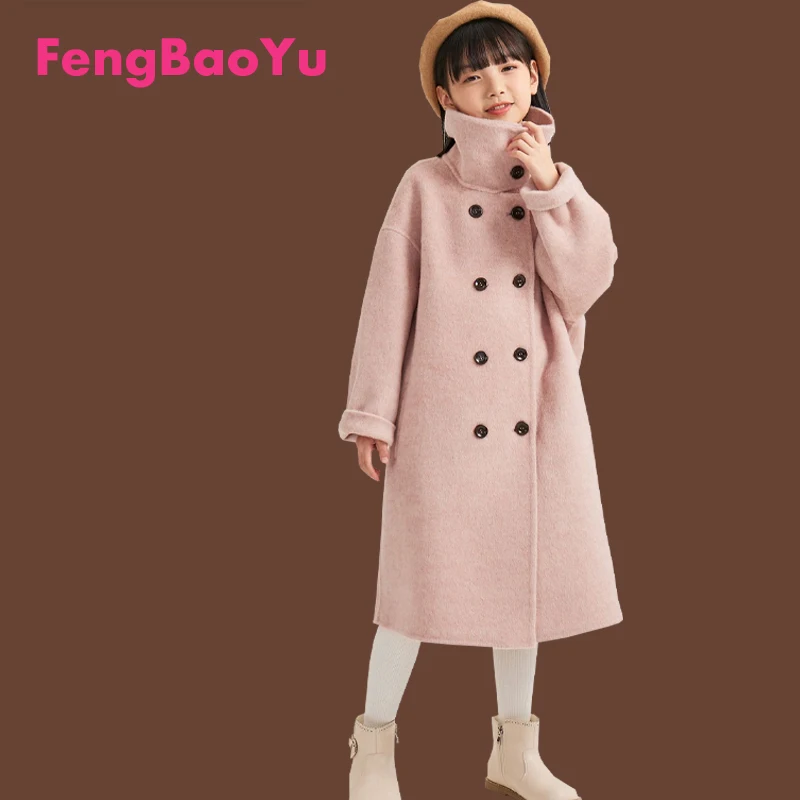 

Autumn Winter Double-sided Cashmere Children's Coat Boys and Girls Black Wool Double-breasted European and American Style Coat
