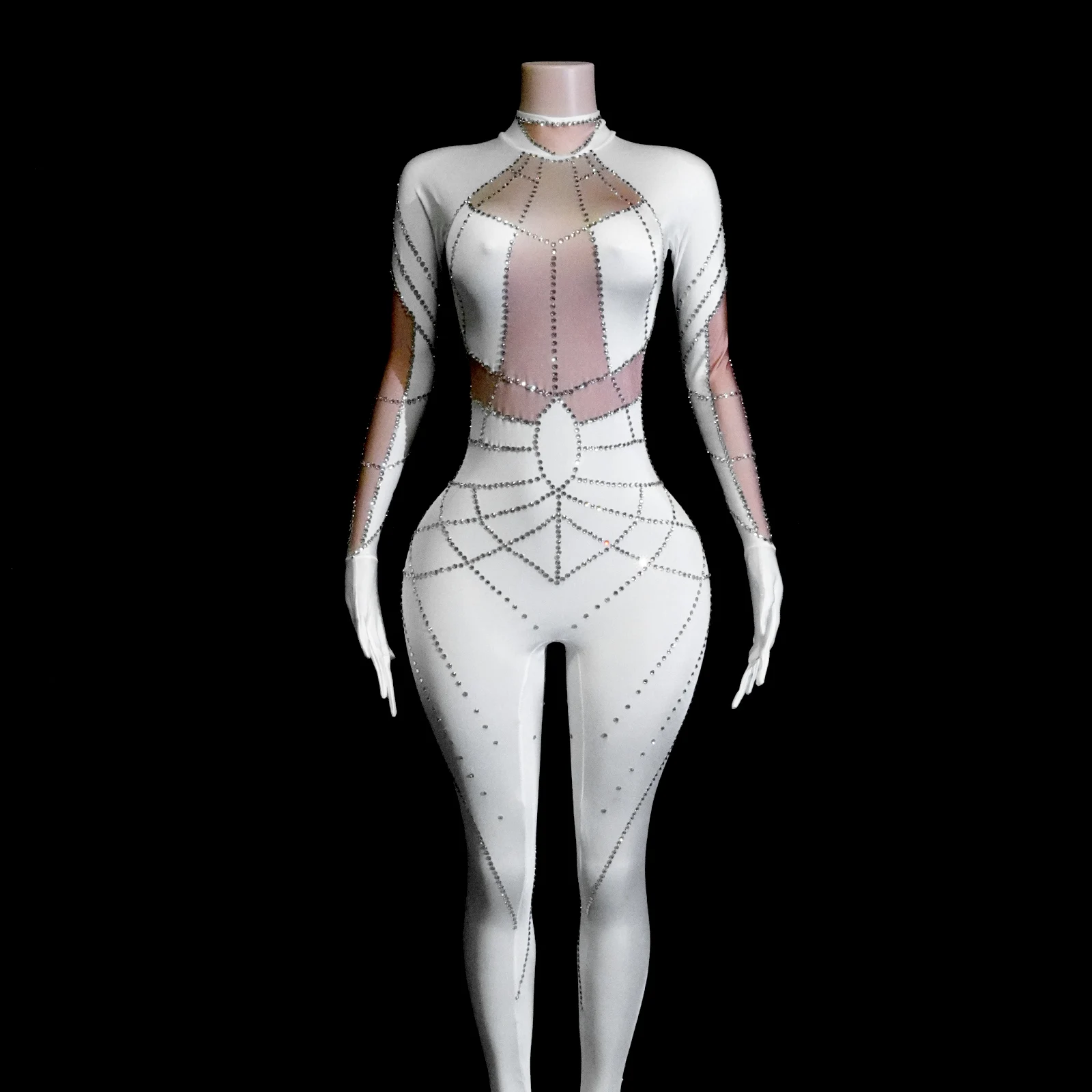

New Sexy Longsleeved Highnecked Style Studded With Rhinestones Tight Stage Performance Jumpsuit Birthday Party Drag Queen Outfit