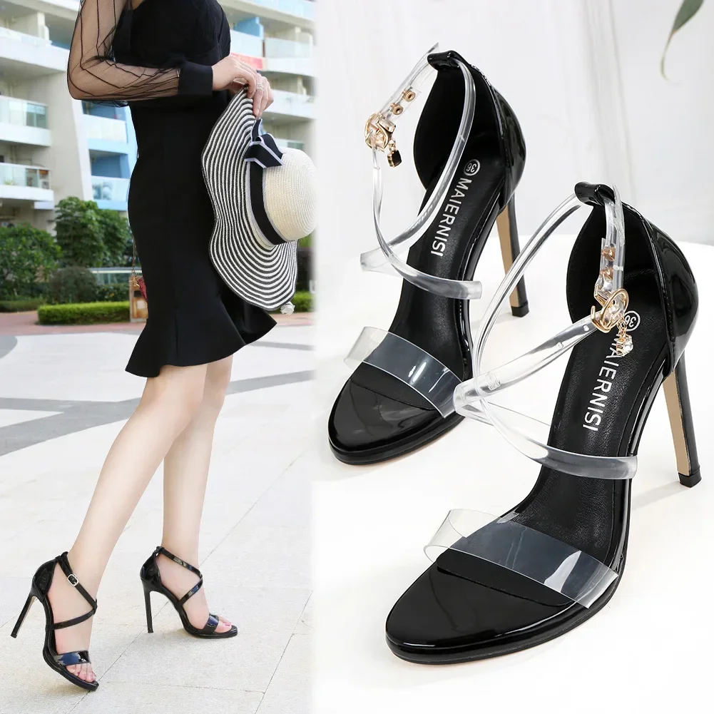 Women Sandals 2024 British Style Fashion ELEGANT Buckle Strap Peep Toe 11CM Thin Heels Party Women Shoes Black Transparent 35-46