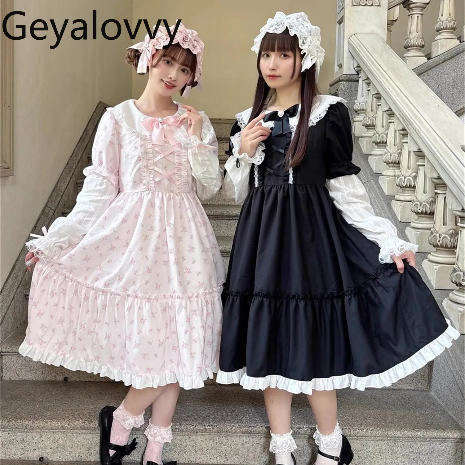 

2026 Spring New Japanese Sweet Cute Girl Kawaii Dress Lolita High Waist Doll Collar Long Sleeve Detachable Mid-length Dresses