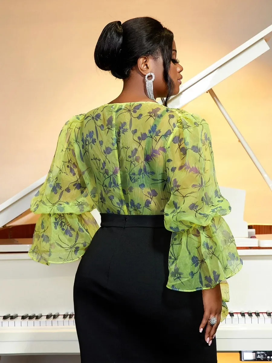 Yellow Printed Organza Sheer Blouses for Women Sexy See Through  Long Lantern Sleeves Shirt Tops Fashion Female African Bluas