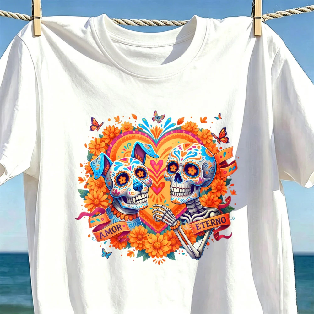 Funny Sugar Skull Dog Cotton Tshirt Dia De Los Muertos T-Shirt Dog Lover Day of the Dead Gift Mexican Vacation Cultural T-shirt