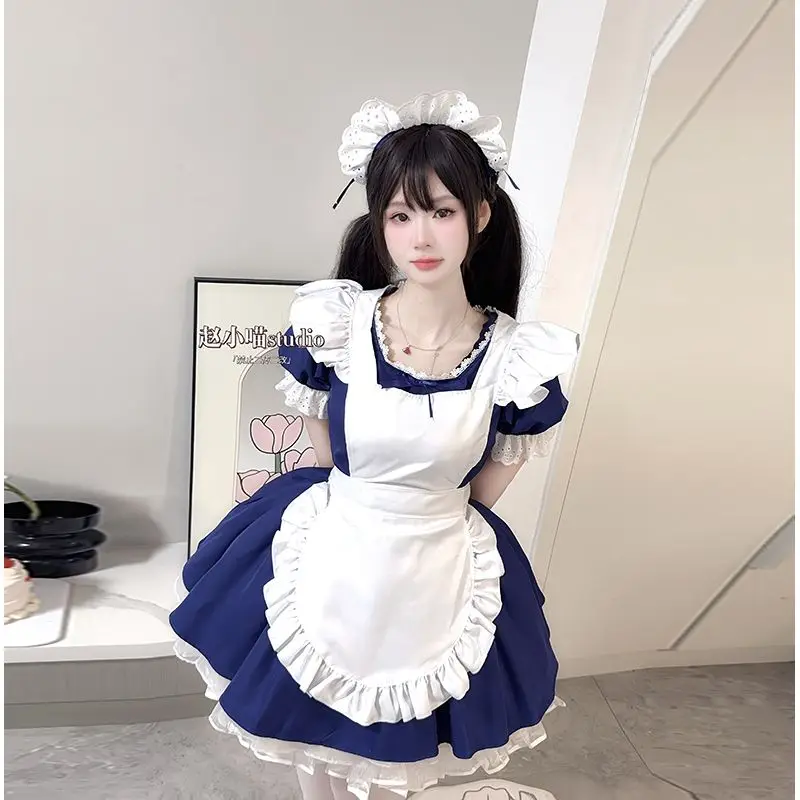 MAGOGO New Anime Lolita Maid Uniform Women Halloween Party Dress Student Blue White Gothic Lolita Cat Girl Role Play Outfit