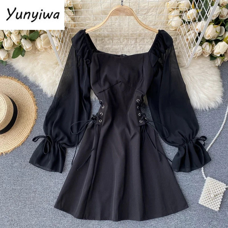 Women Dress Retro Gothic Black White Slim Waist Bandage Dress Ruffled Puff Sleeve Korean Vestidos