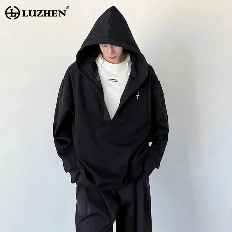 

LUZHEN 2024 Spring New Fashion Hoodies Tops High Street Big V Neck Men Trendy Original Design American Casual Sweatshirt LZ2892