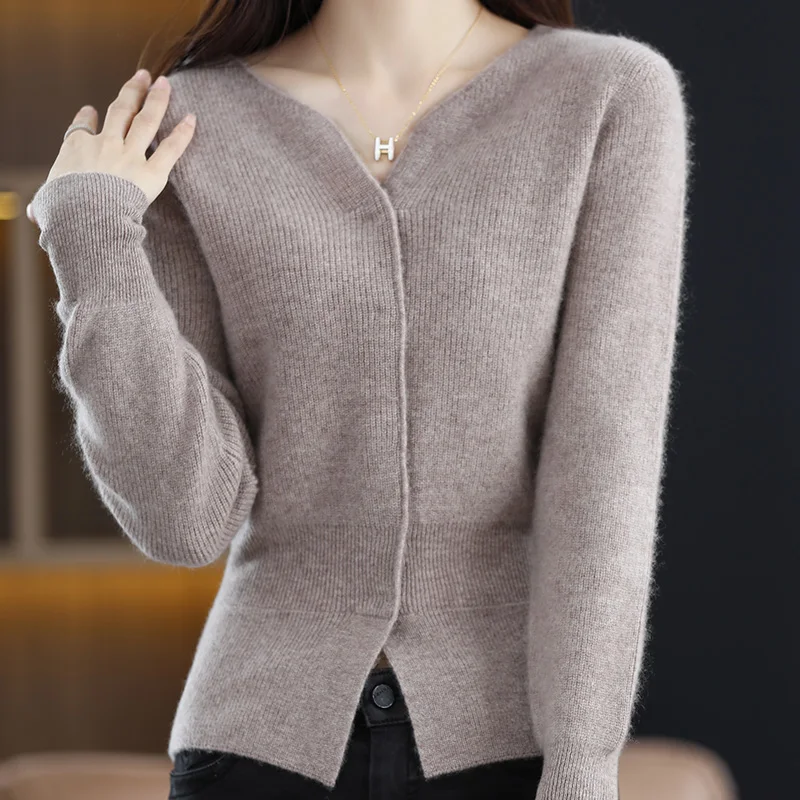 Cashmere Sweater Women\'s Cardigan Scissors Collar Hidden Buckle Pure Wool Sweater Autumn and Winter Coat Waist Slim Commute Top