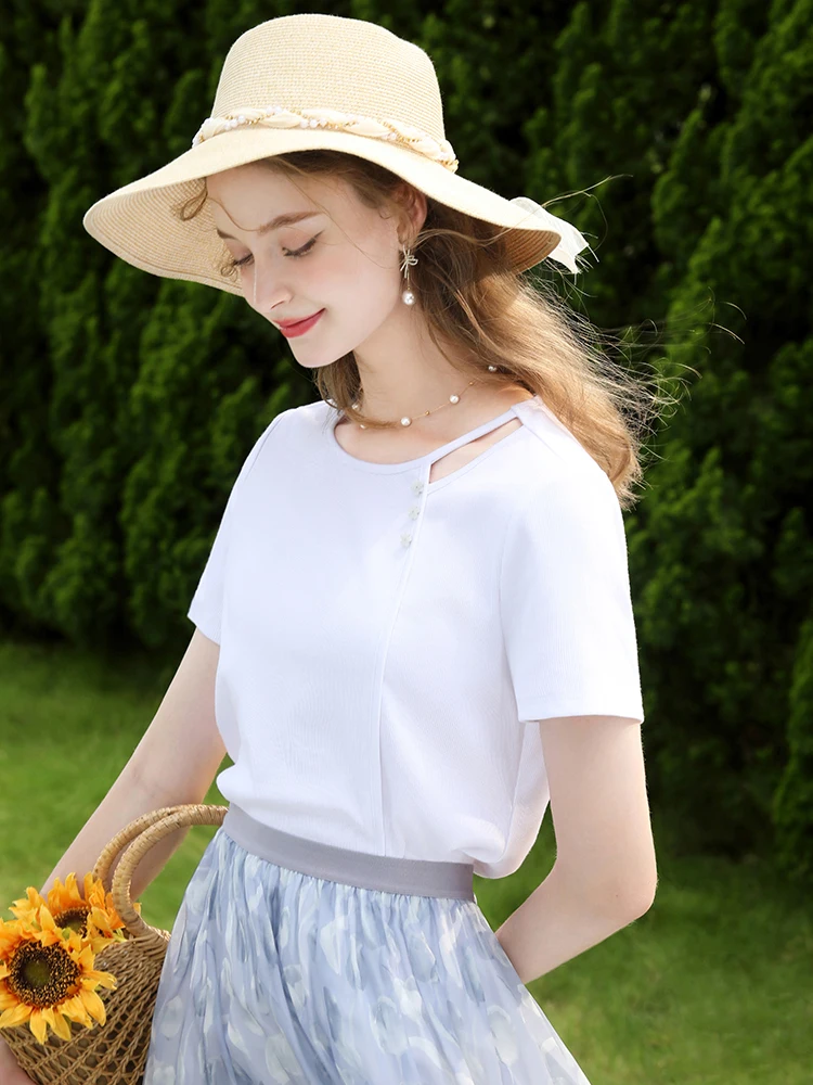 I BELIEVE YOU Tees for Women 2024 Summer New Knitted T-shirts Chic Short Sleeves Slim Solid Office Lady Casual Tops 2232015141