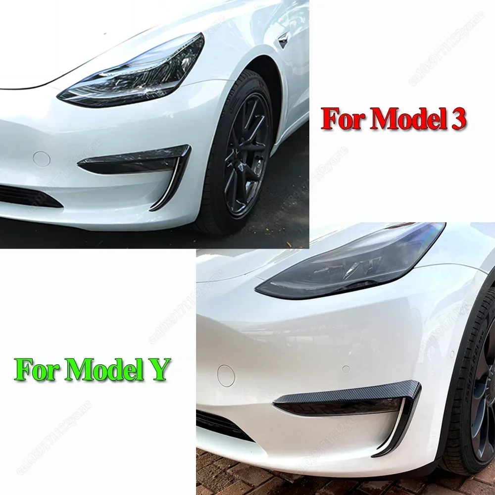 2Pcs For Tesla Model 3 Y 2017-2024 Car Front Fog Light Cover Lamps Blade Trim Spoiler Wind Knife Bumper Gloss Black ABS Tuning