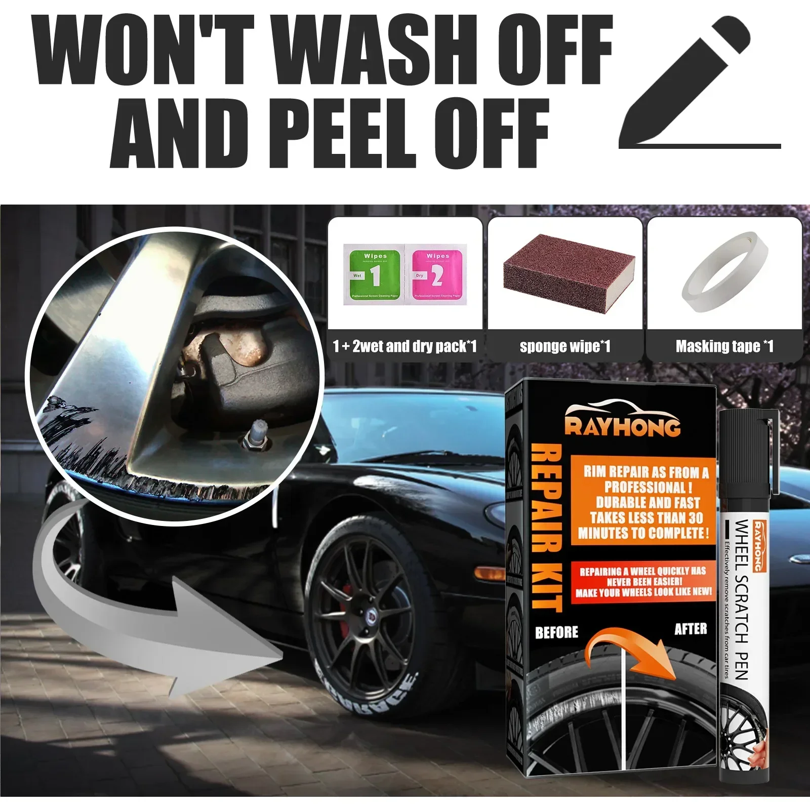 VERYUS Kit de Reparación de Llantas de Aleación para Coche, 1 Pieza, Adhesivo de Uso General, Herramienta de Reparación de Pintura Negra para Coche, Accesorio para el Cuidado de Rayones y Abolladuras en Llantas de Auto