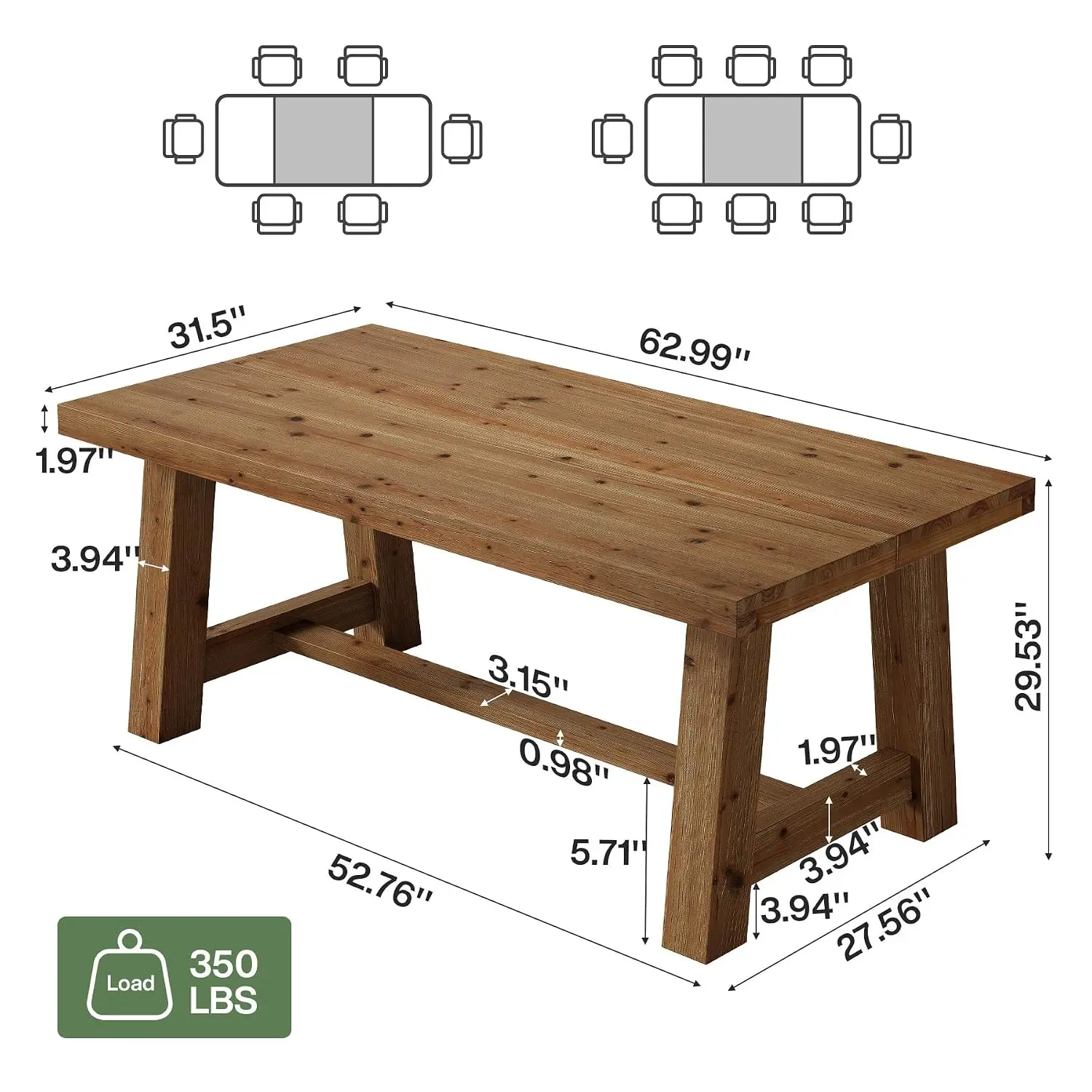 63-Inch Solid Wood Dining Table for 4-6 People, Rectangular Table with Thick Top & Trestle Base, Natural, Customized
