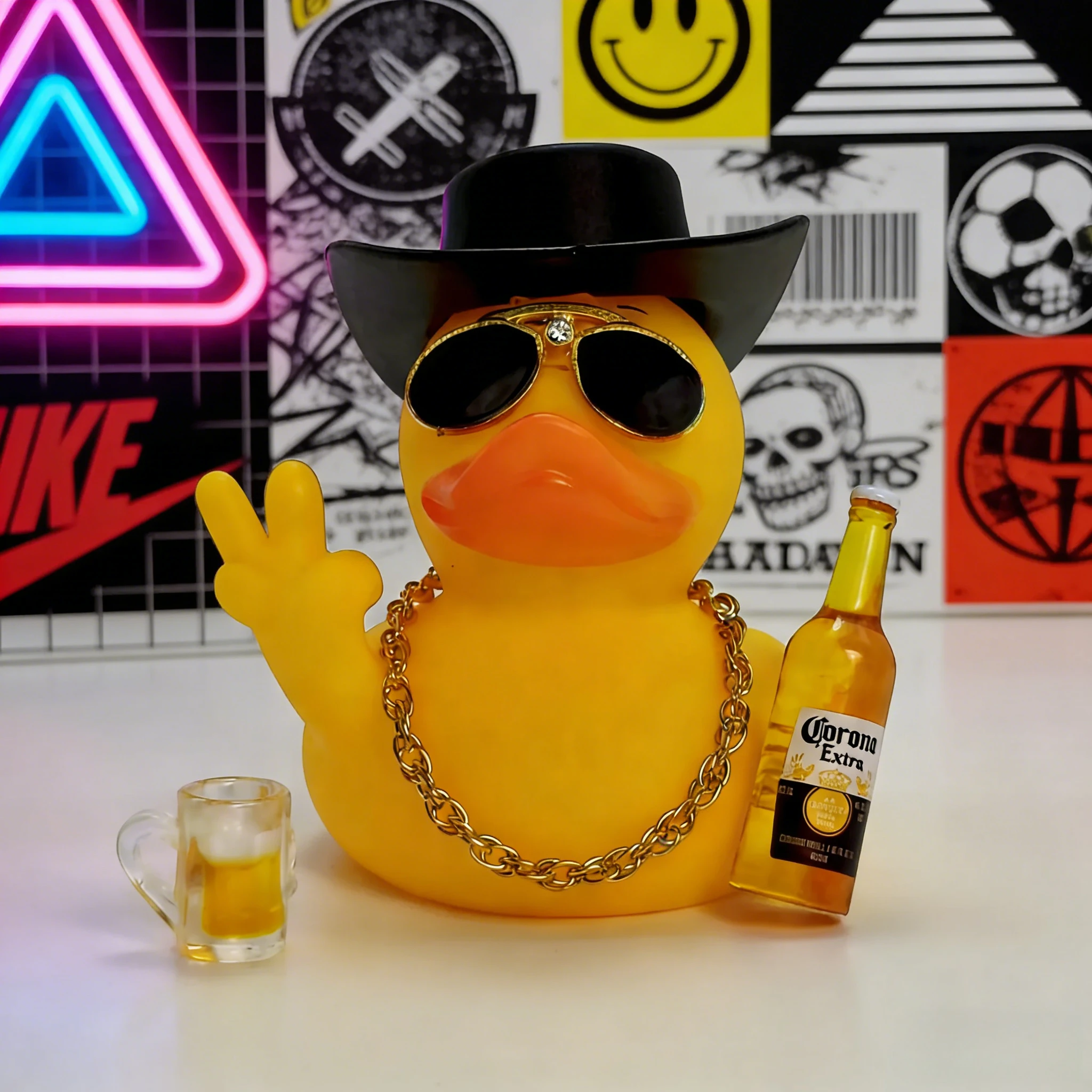 

Забавная резиновая утка с вытянутым средним пальцем для приборной панели автомобиля, крутая утка с маленькой бутылочкой вина/пива, украшение для дома и автомобиля, креативный подарок