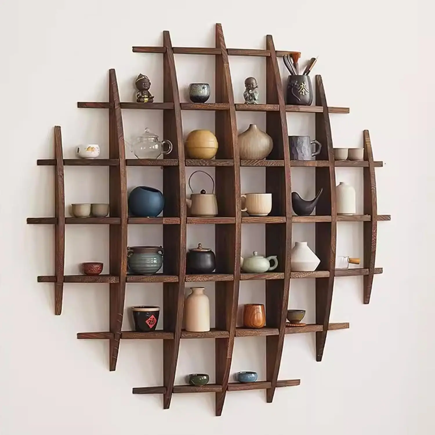 

Solid Wood Chinese Tea Cup Holder, Wall Mounted Teapot Display Stand, Wall Decoration Teaware Shelf Storage Ra For Living Room