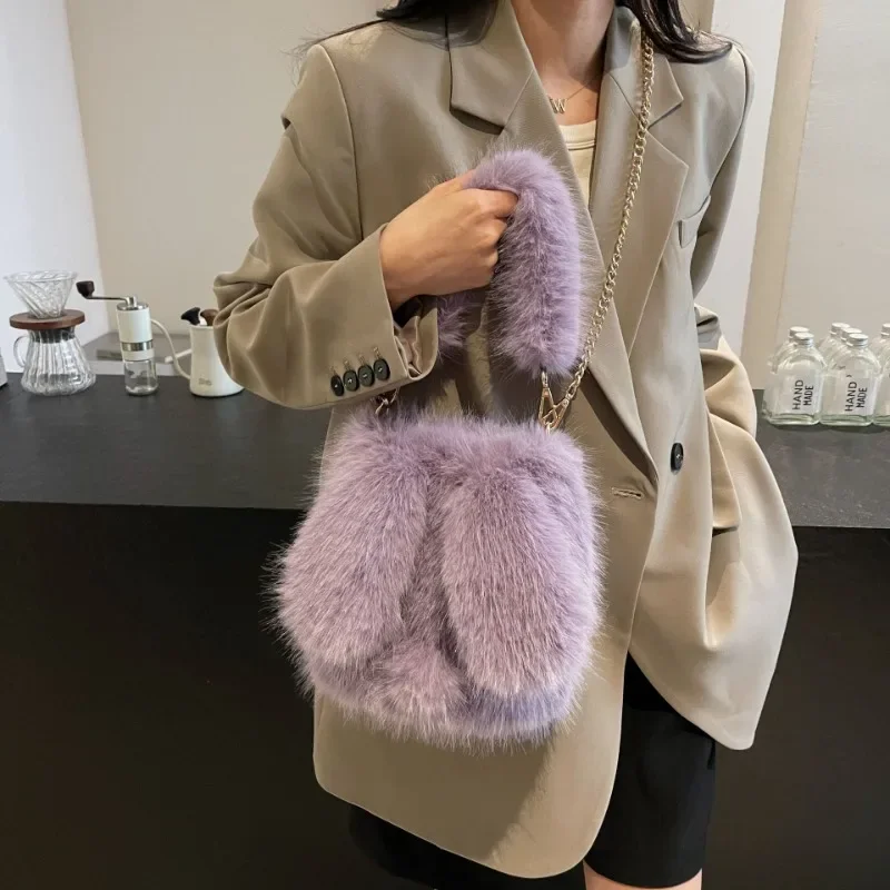 New Cute Cartoon Exquisite Rabbit Ears Imitation Fox Hair Autumn and Winter Plush Bag Women's Handbag Messenger Bag