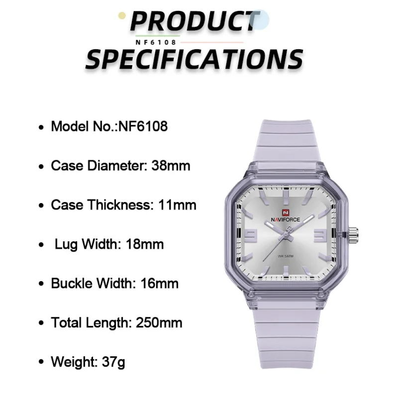 NAVIFORCE Women's Silicone Strap Watch Outdoor Sports Fashion Quartz Wristwatch Women 50M Waterproof Birthday Gift Ladies Girls