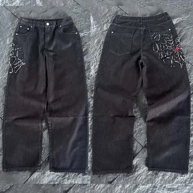 Street New Arrivals Derschutze Jeans High Quality Black Casual Loose Embroidery Denim Trousers
