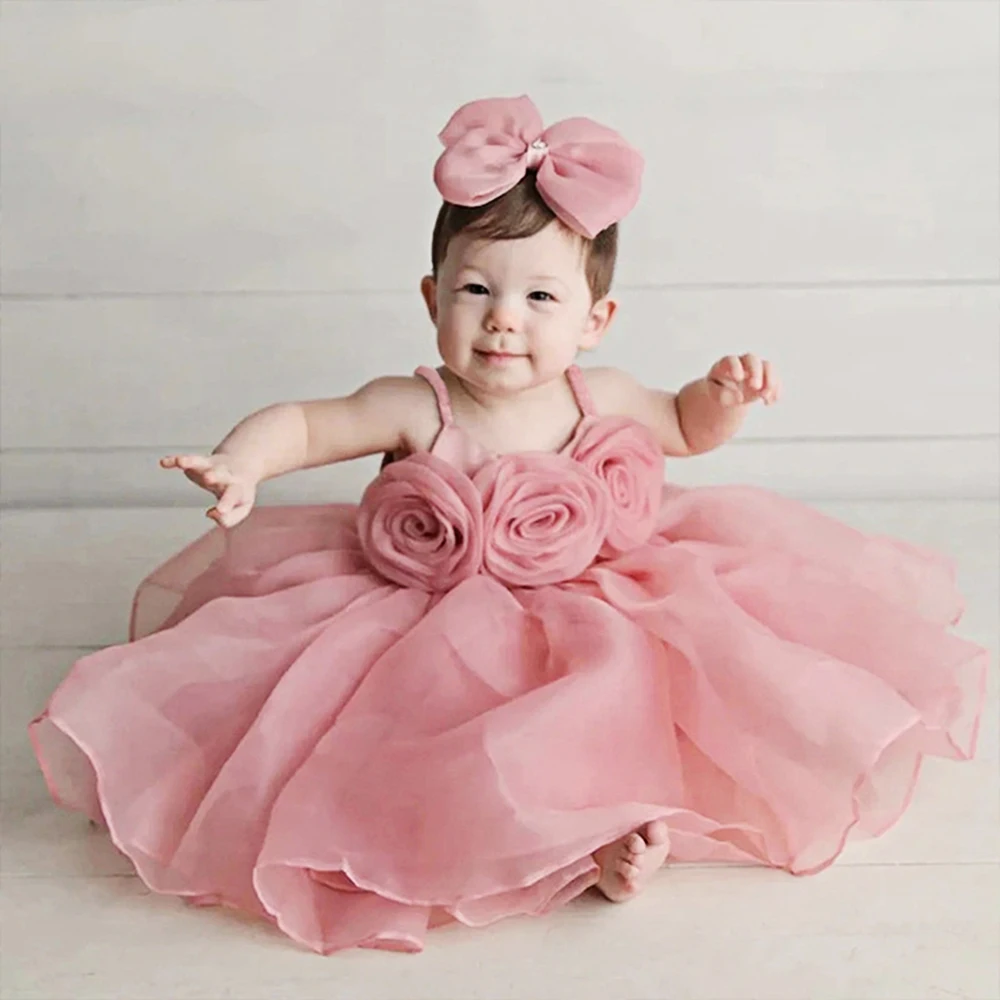 Baby Girl Dress Big Flower Ceremony Pink 1st Birthday Clothes For Baptism Bow Princess Kids Costume Party Wedding Gown Vestidos