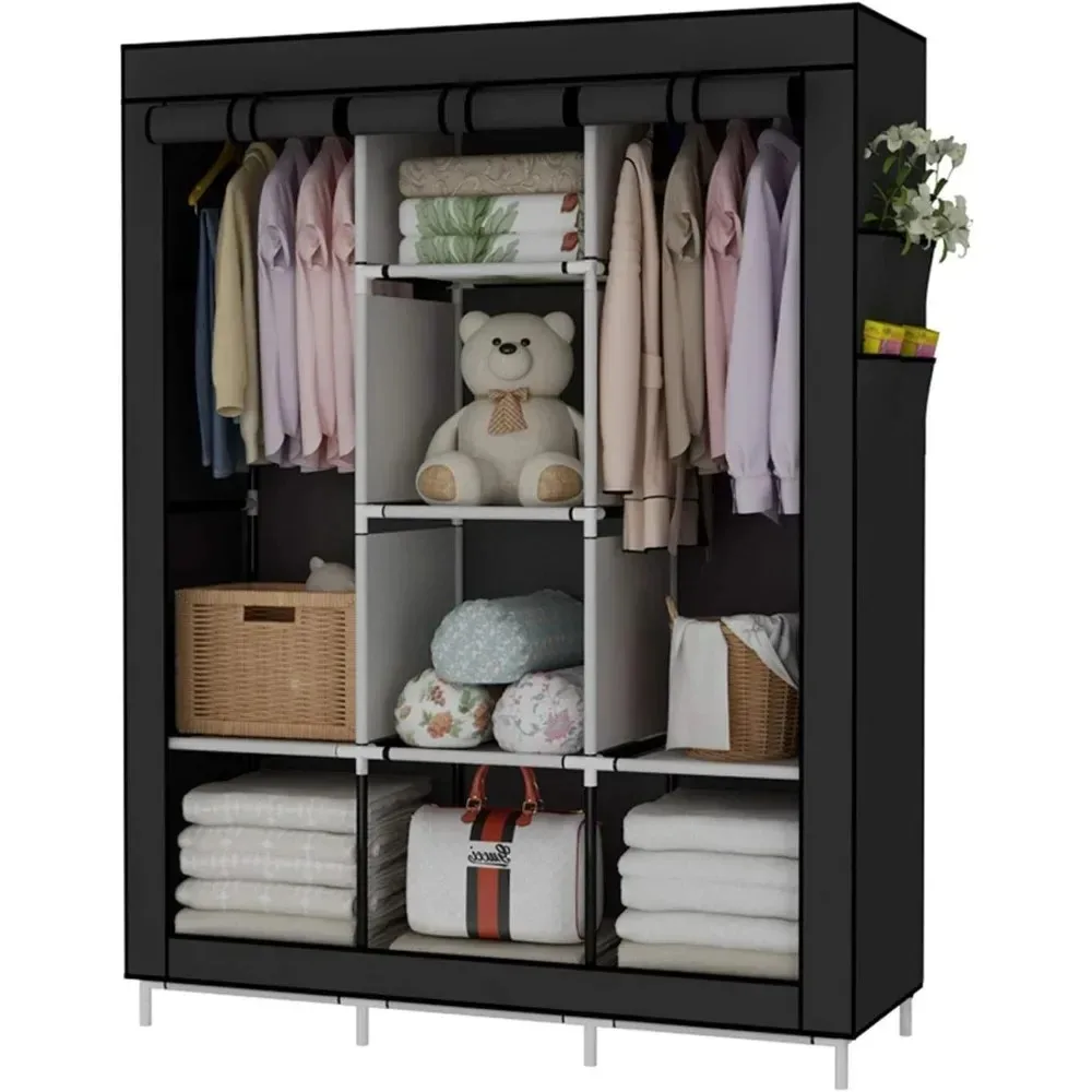 

Portable Wardrobe Closet Clothes Organizer Non-Woven Fabric Cover With 6 Storage Shelves Home Furniture Black Open Cabinets Room