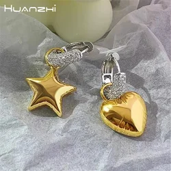 HUANZHI Gold Color Star Love Heart Asymmetric Rhinestone Metal Hoop Earrings for Women Girls Korean Fashion Party Jewelry Gifts