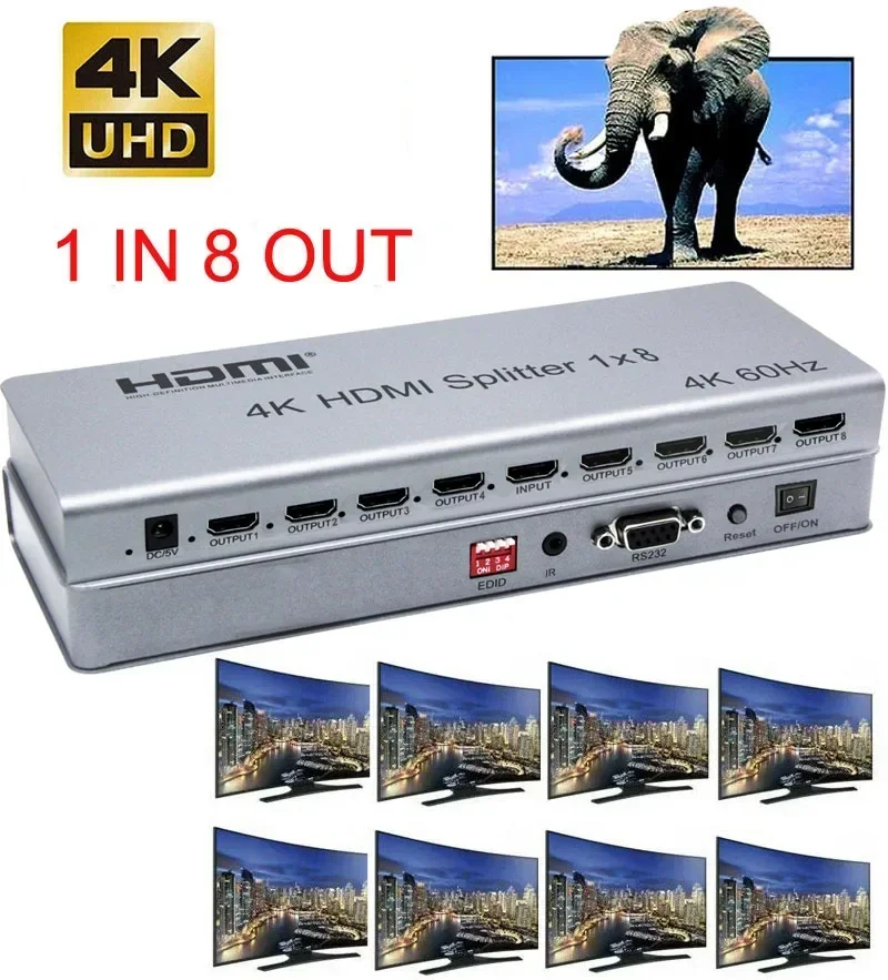 4K 60Hz 1x8 HDMI Splitter 1 IN 8 Out Multi Screen Share Video Distributor Converter RS232 for PS4 Camera Laptop PC To TV Monitor