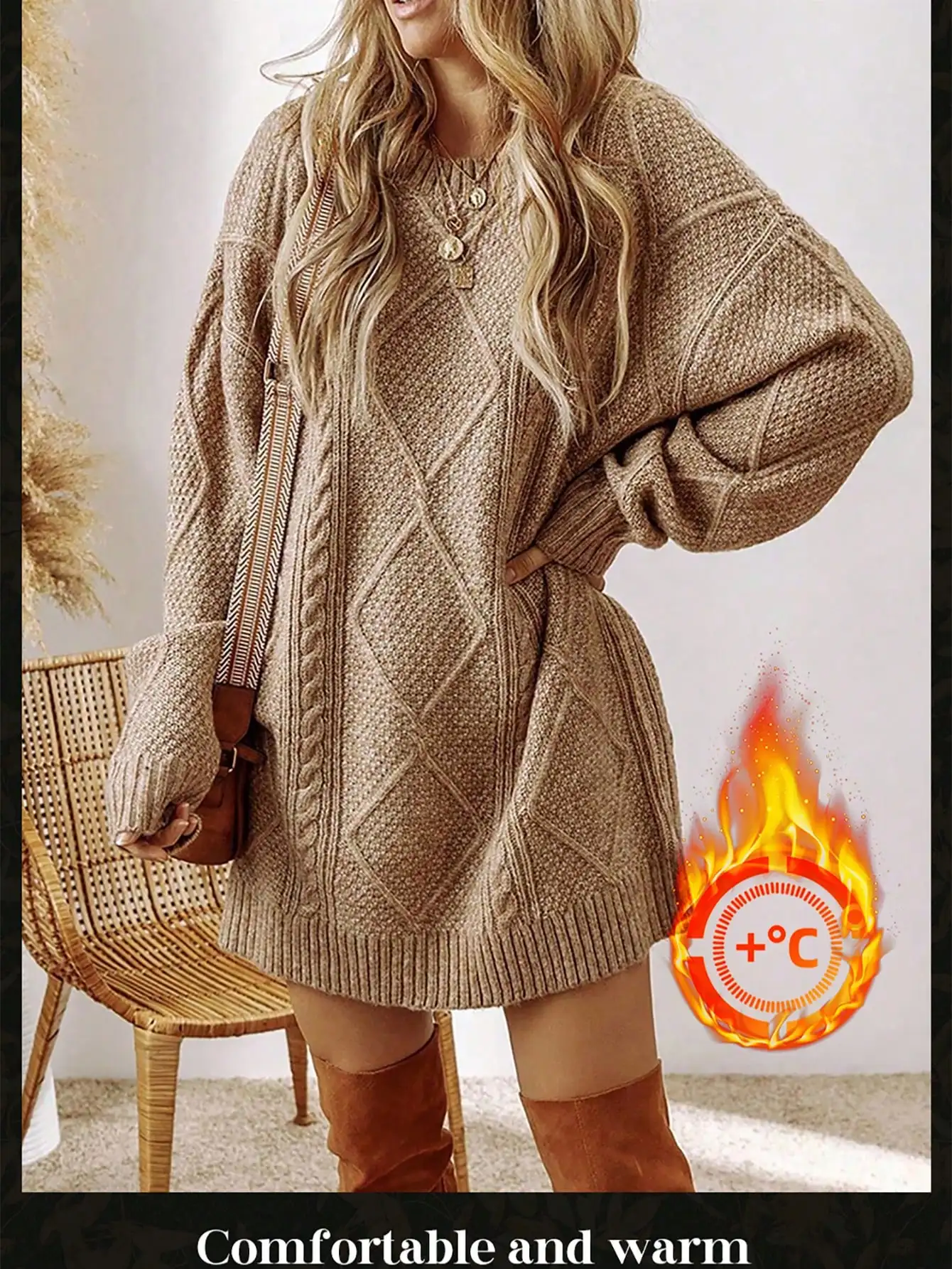 

Oversized Knitted Sweater Dress with Cable & Diamond Pattern, Warm Fall Winter Wear