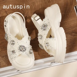 Autuspin taglia 34-40 sandali in tessuto da donna estate nuovo Design fiori decorazione cristallo roma sandalo fondo spesso scarpe basse