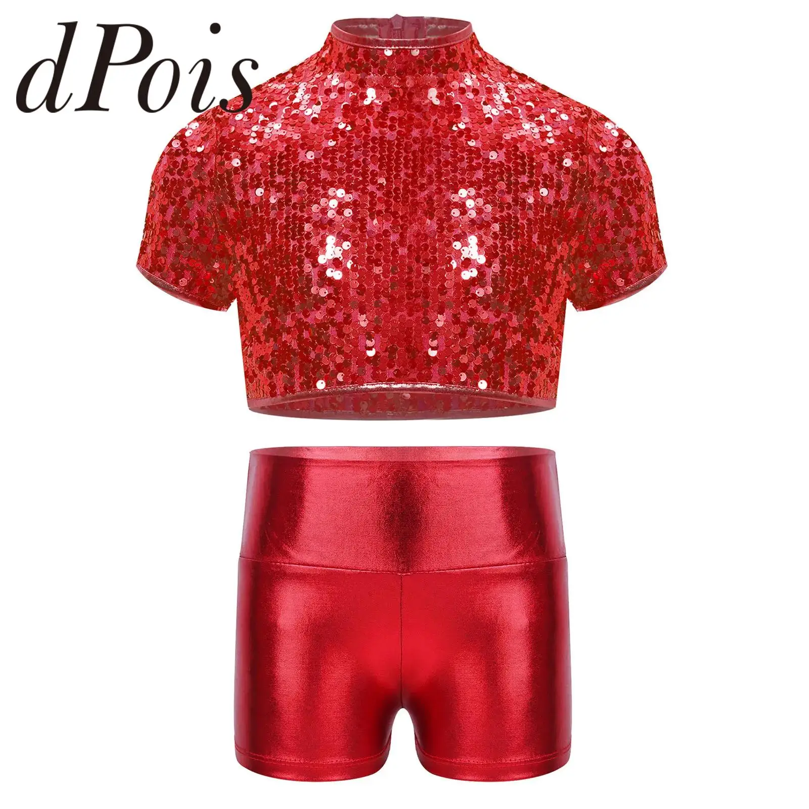 Kids Girls Metallic Jazz Dance Outfits Streetwear Cheerleading Sequins Performance Dancewear Dancing Clothes Hip Hop Costume Set