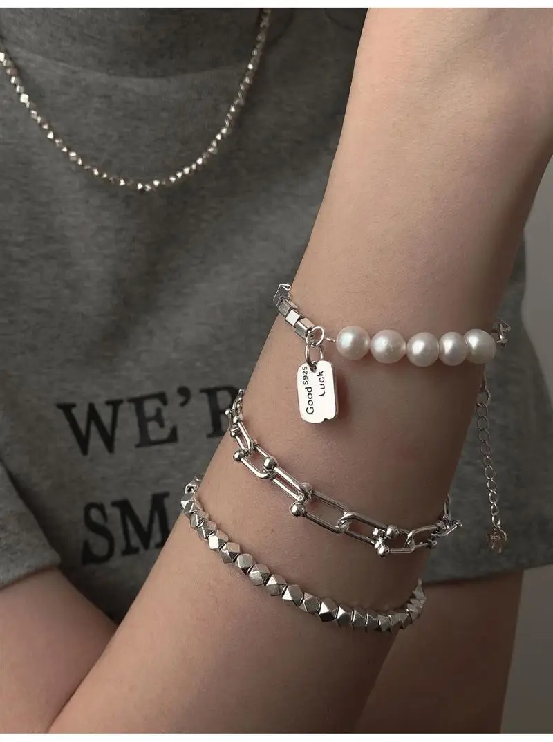 S925 Silver Sweet LUCK Letter Pearl Bracelet for Women Splice Chain Handicraft Fashion Jewelry Girl Gifts