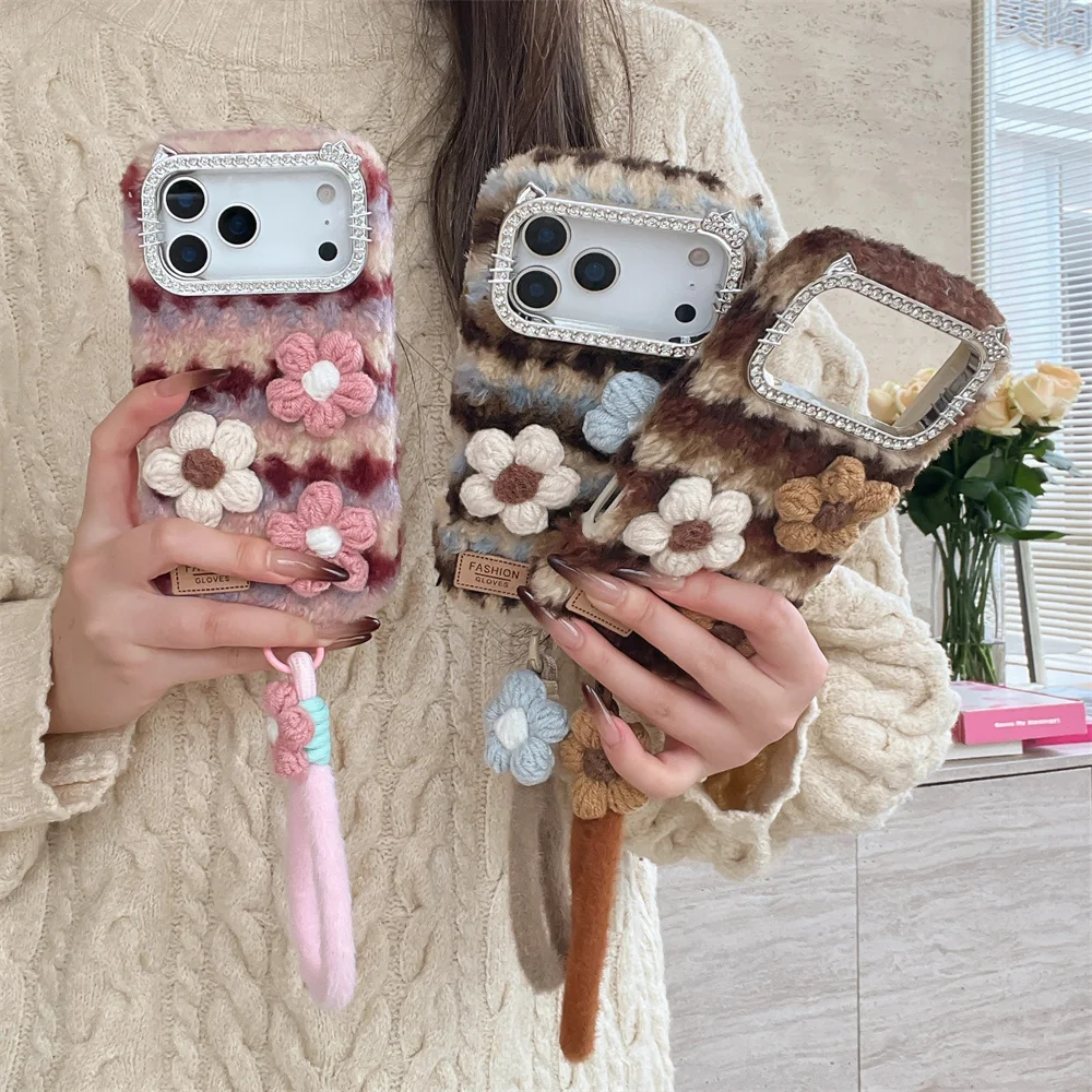 Korea Ins pink 3D Flower Phone Case For iPhone 18 Pro 14 15 16 17 Pro Max Cover Shockproof Cute Plush Cases 18pro with Chain