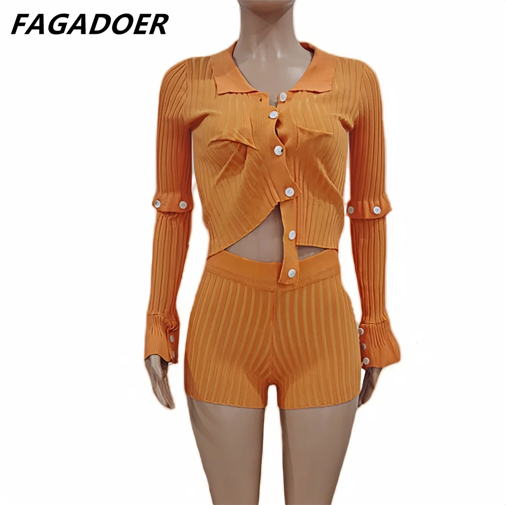 FAGADOER Casual Knitted Stripe Printing Two Piece Sets Women Button Long Sleeve Crop Top And Shorts Outfits Female 2pcs Suits