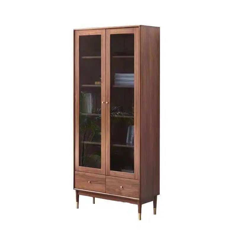 

All solid wood black walnut bookcase Nordic simple cherry wood study glass door bookcase white oak stand