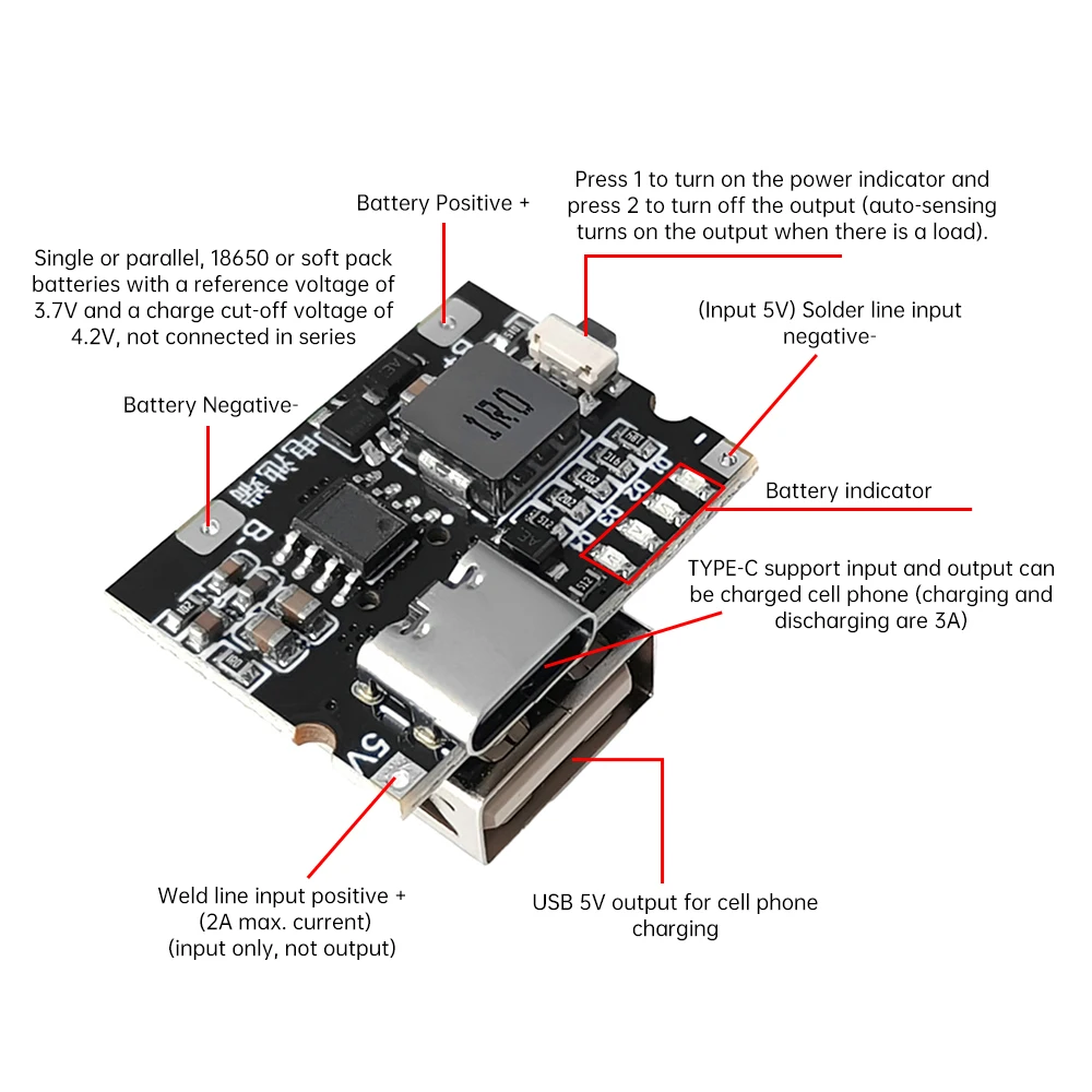 Convertitore boost USB tipo C 5V 3A Modulo di alimentazione step-up Scheda di protezione ricarica batteria al litio Display a LED USB per