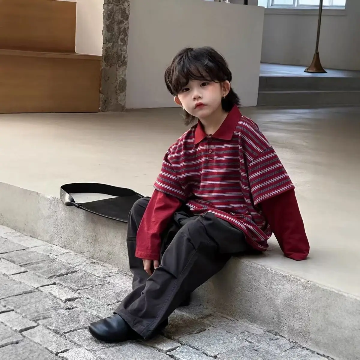 Children's Long Sleeve T-Shirt Fake Two-Piece Striped Polo Shirt Spring and Autumn Boys' Turn-Down Collar Casual sweatshirt