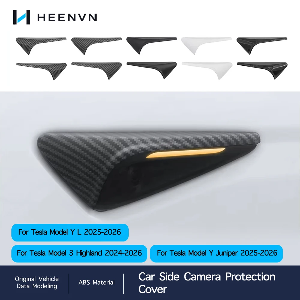 Heenvn 2Pcs ABS Carbon Pattern Side Camera Cover For Tesla Model Y Juniper Model 3 Highland Model YL 2025 2026 Leaf Board Cover