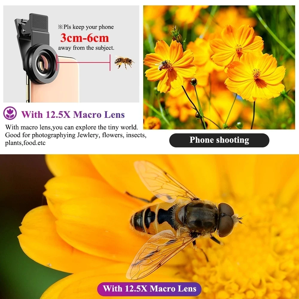 Phone Lens Kit 0.45x Super Wide Angle & 12.5x Super Macro Lens HD Camera Lentes for iPhone 12 11 Xiaomi Huawei All Cellphone