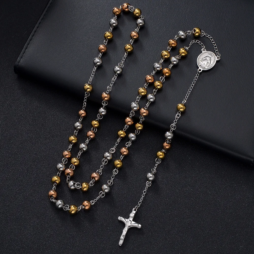 3/4/6mm Stainless Steel Religious Rosary Beads Necklace Saint Benedict Virgin Mary Christian Cross Pendants Faith Prayer Jewelry