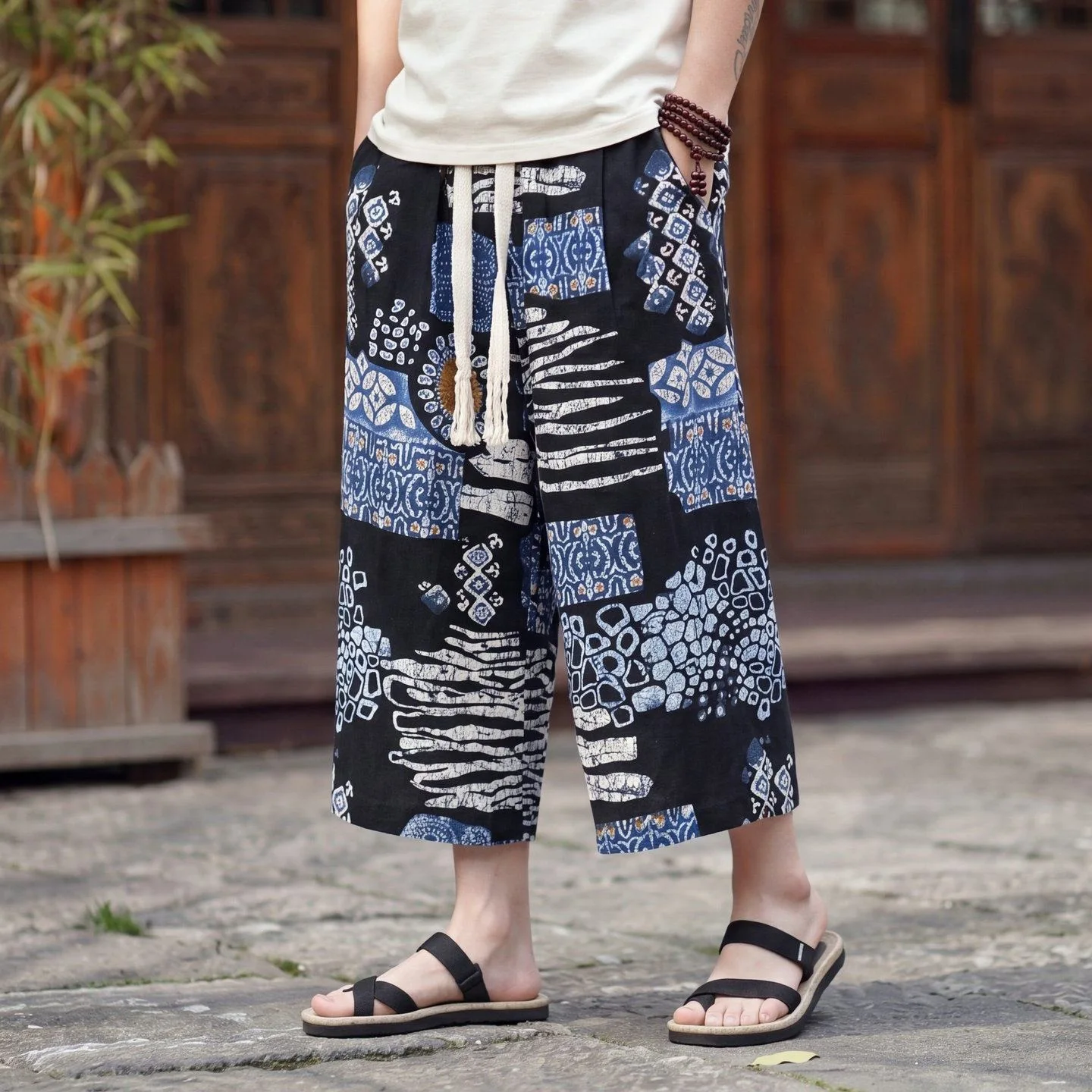 Nuevos Pantalones de Playa de Corte Recto y Pierna Ancha con Estampado Floral Estilo Chino para Verano 2025, Pantalones Casuales Holgados de Siete Pulgadas para Hombre