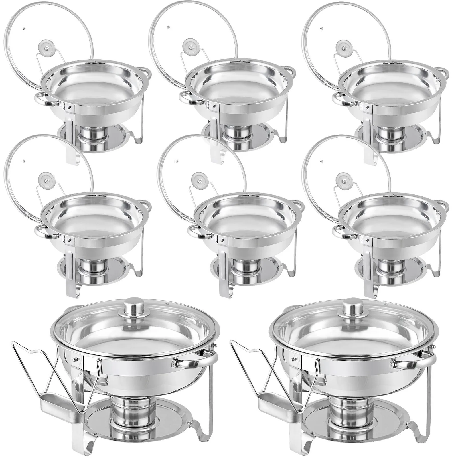 US 5QT Round Glass Lid Stainless Steel Chafing Dish Set of 8 Warmers Set for Party