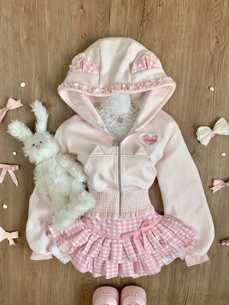 

Японский Y2k милый элегантный комплект из 2 предметов, женское осенне-зимнее дизайнерское пальто с капюшоном + повседневная мини-юбка, женская корейская популярная одежда