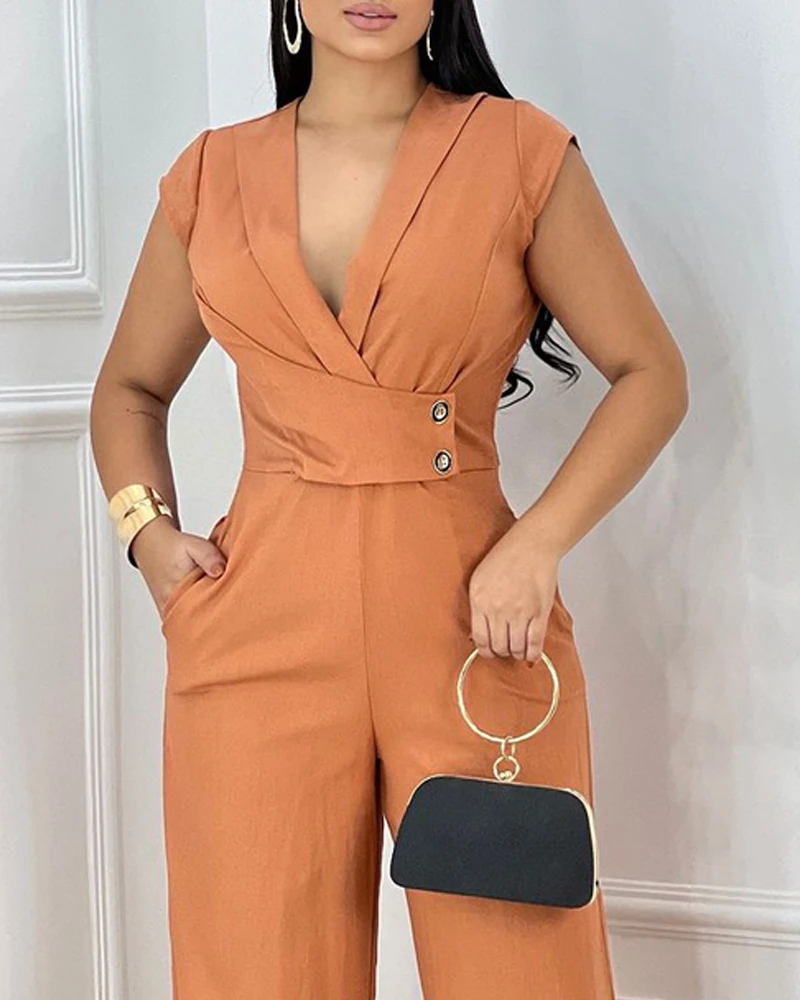 2025 Spring Deep V Short Sleeve Front Button Criss Cross Wide Leg Jumpsuit Elegant Overall