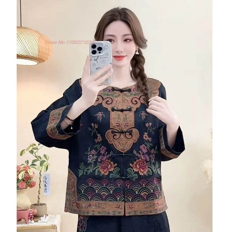 

2025 chinese traditional coat improved hanfu tops national flower embroidery satin jacquard o-neck jacket ethnic vintage coat