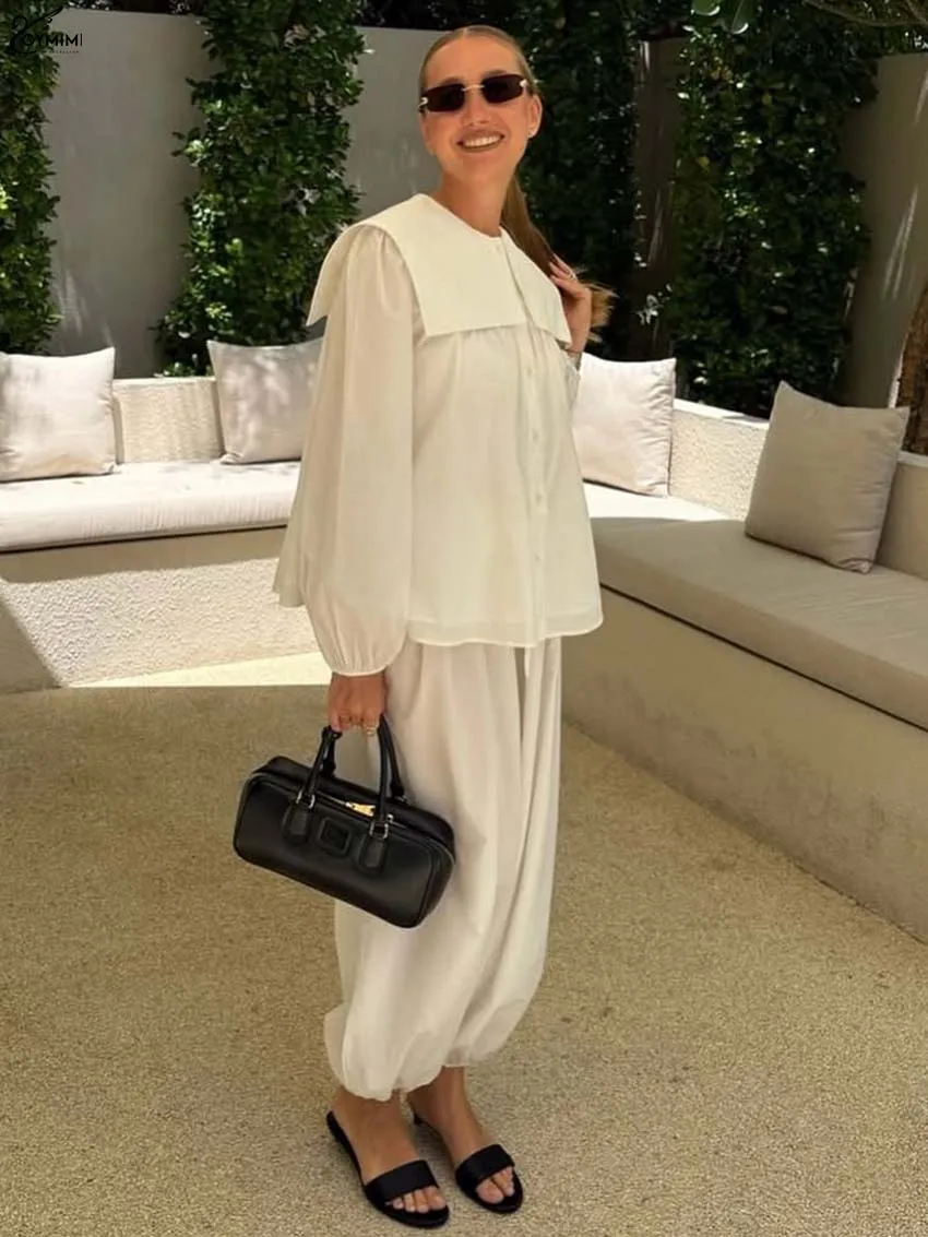 Oymimi أزياء القطن الأبيض 2 قطعة مجموعات امرأة الزي أنيقة بحار طوق كم طويل زر القمصان والسراويل الرباط مجموعات