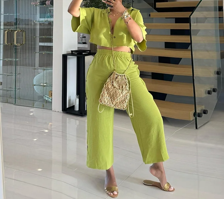 

Women's Pants Set 2024 Summer Autumn Latest Collar Short Shirt High Waisted Drawstring Wide Leg Cropped Pants Two-Piece Set