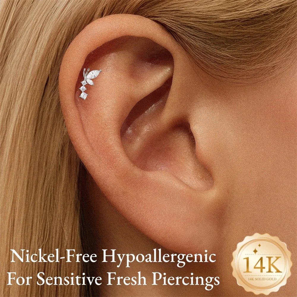 DIeSchein 14K Solid Gold Piercing Studs Women Hypoallergenic Flat Back Stud Earring for Helix Tragus Daith Piercings Jewelry