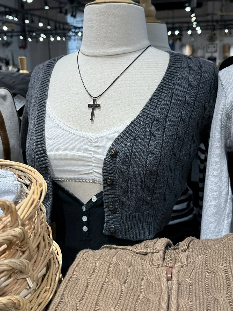 Crop Cardigan Vintage - Vintage Vier-Knopf-Strick-Crop-Cardigan für Damen, Einfacher V-Ausschnitt,