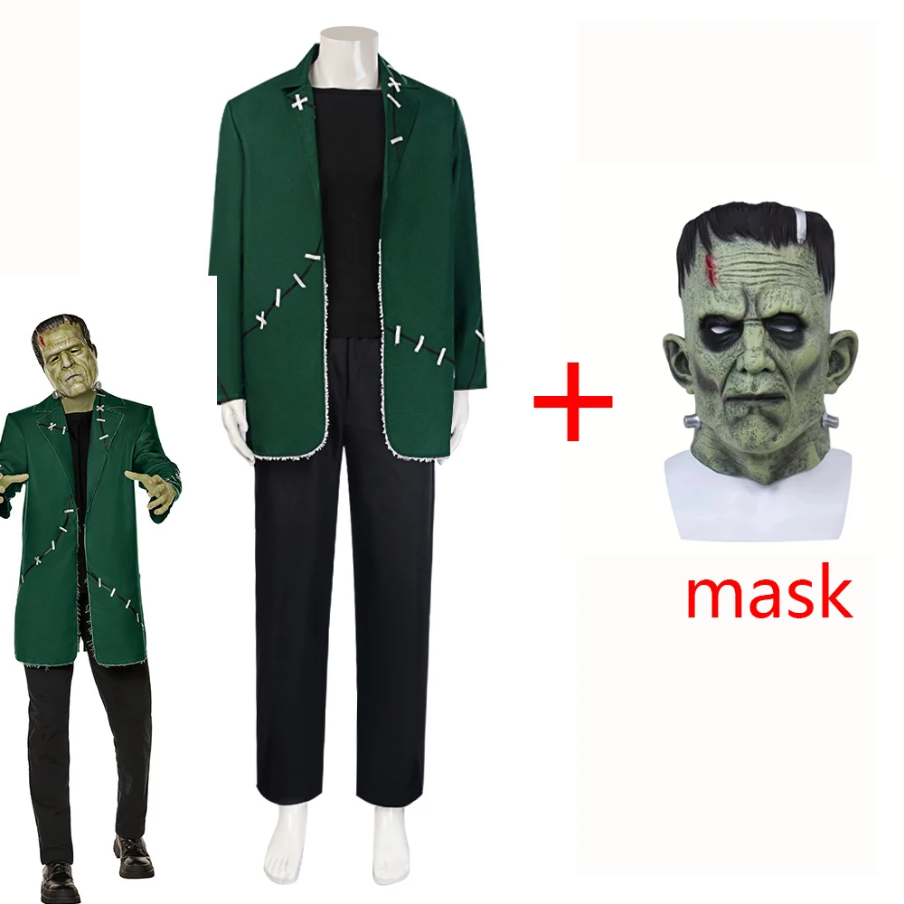 أزياء الهالوين فرانكنشتاين التأثيرية الوحش دكتور فرانك للرجال قناع الزي الجنون عالم بدلة خضراء حفلة فيلم مخيفة