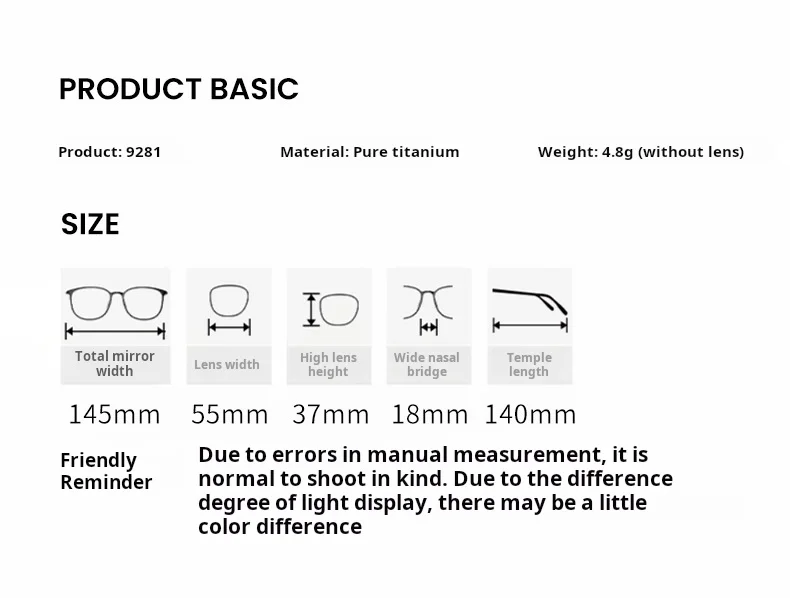 Yimaruili 9281 Eyeglasses — Frame Dimensions & Sizing Chart