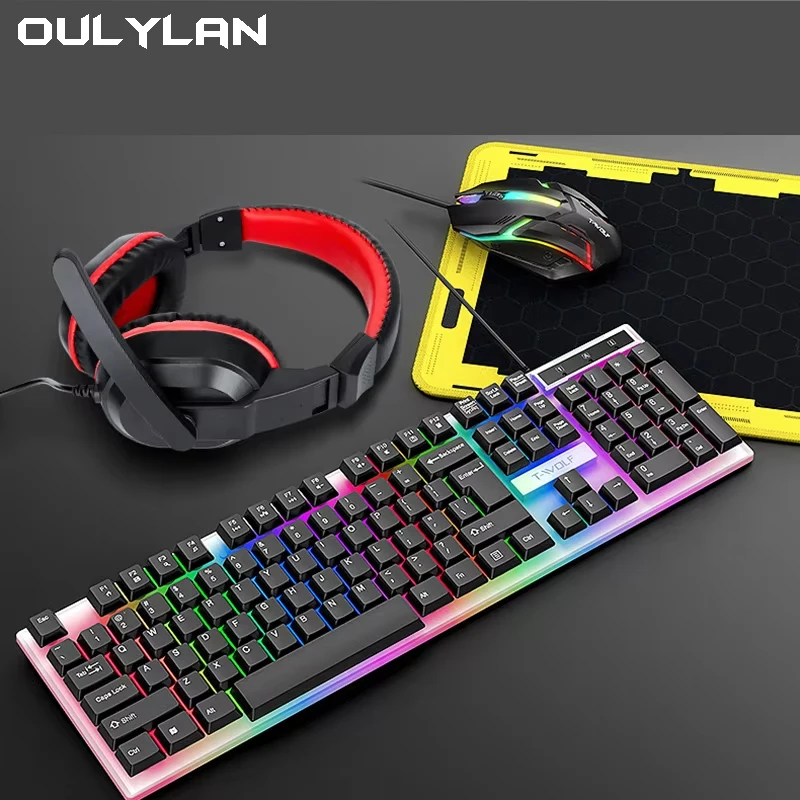 2024USB wired gaming computer new 4 in 1 keyboard mouse headset Mouse pad 4 accessories glow-in-the-dark keyboard mouse